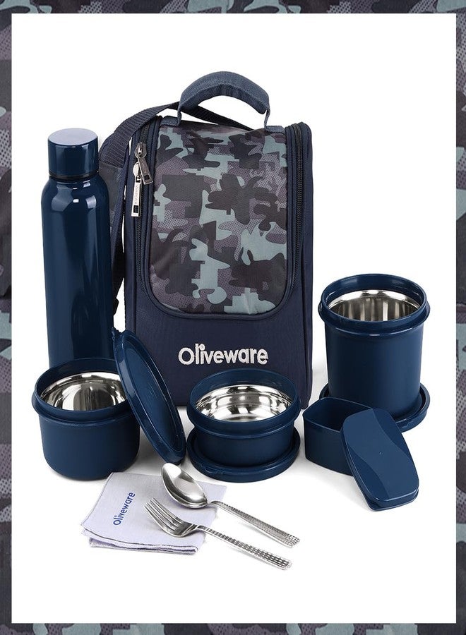 SOPL-OLIVEWARE علبة غداء فاخرة من أوليفوير مع 3 حاويات داخلية من الفولاذ المقاوم للصدأ آمنة للاستخدام في الميكروويف (290 مل، 450 مل، و600 مل)، وعلبة مخلل بلاستيكية (130 مل)، وزجاجة ماء من الفولاذ المقاوم للصدأ (750 مل) - أزرق - Image 1